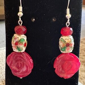 Hand Crafted Ruby Floral Cloisonné Drop Earrings
